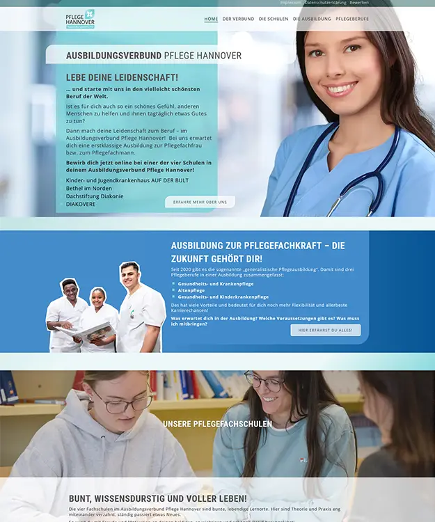 Modernes Webdesign für den Ausbildungsverbund Pflege Hannover, entwickelt von der Werbeagentur Schulz-Design