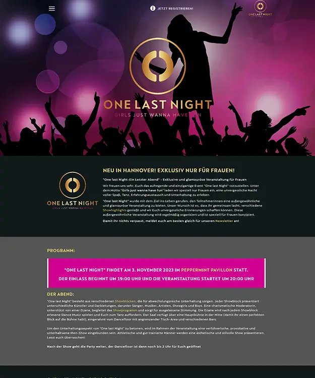 Die digitale Schnittstelle von "One Last Night": Ein Screenshot der elegant gestalteten Website, die das Flair der Veranstaltung einfängt. Feine Farbpaletten und intuitive Navigation zeigen die Expertise von Werbeagentur Schulz-Design in Hannover.