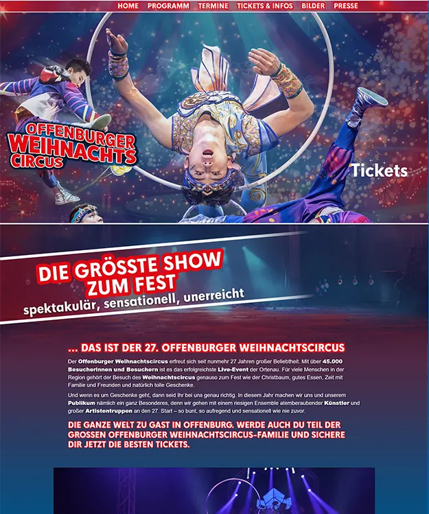 Neugestaltete Website des Offenburger Weihnachtscircus mit Joomla 5, animierten Texten und responsivem Design, entwickelt von Schulz-Design.